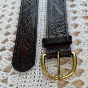 Brown Leather Tooled Belt with Brass Buckle
